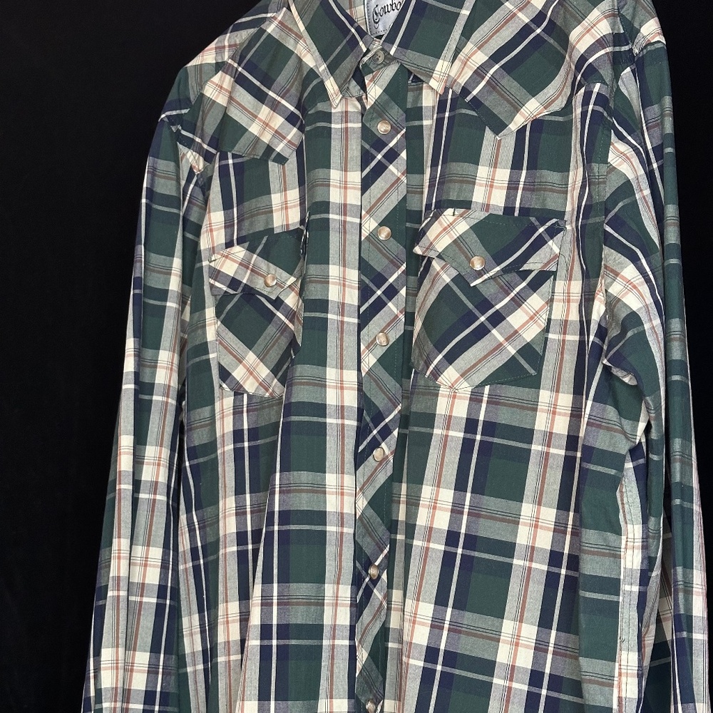 Cowboy Up, long sleeve dark green, navy and beige plaid shirt, 100% cotton XXL